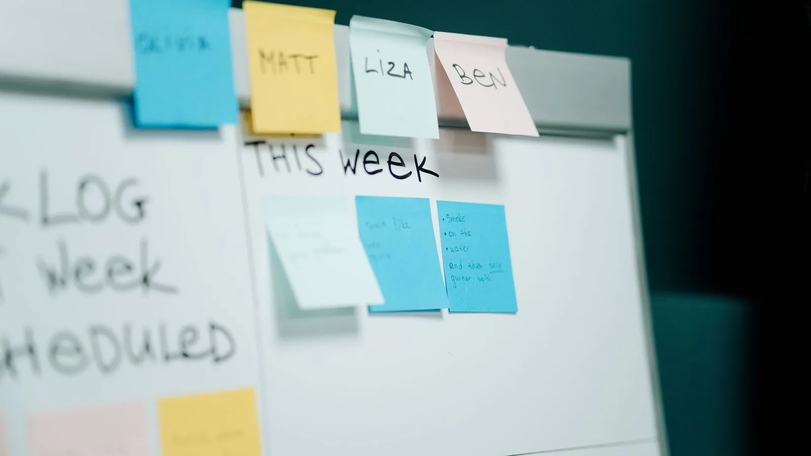 Whiteboard covered in sticky notes grouped into backlog, this week, and in progress columns